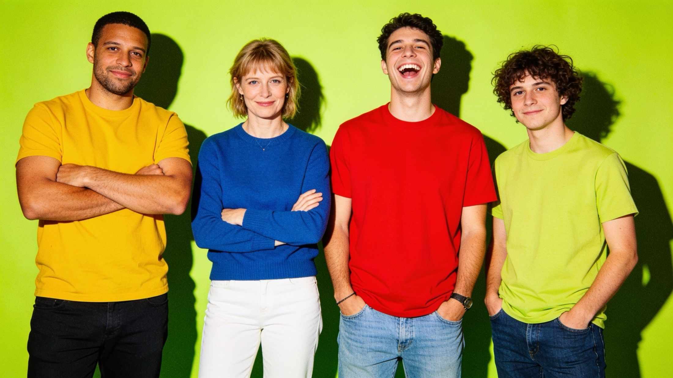 The Punchcard team, four people in bright T-shirts and jumpers, standing in a row against a lime wall