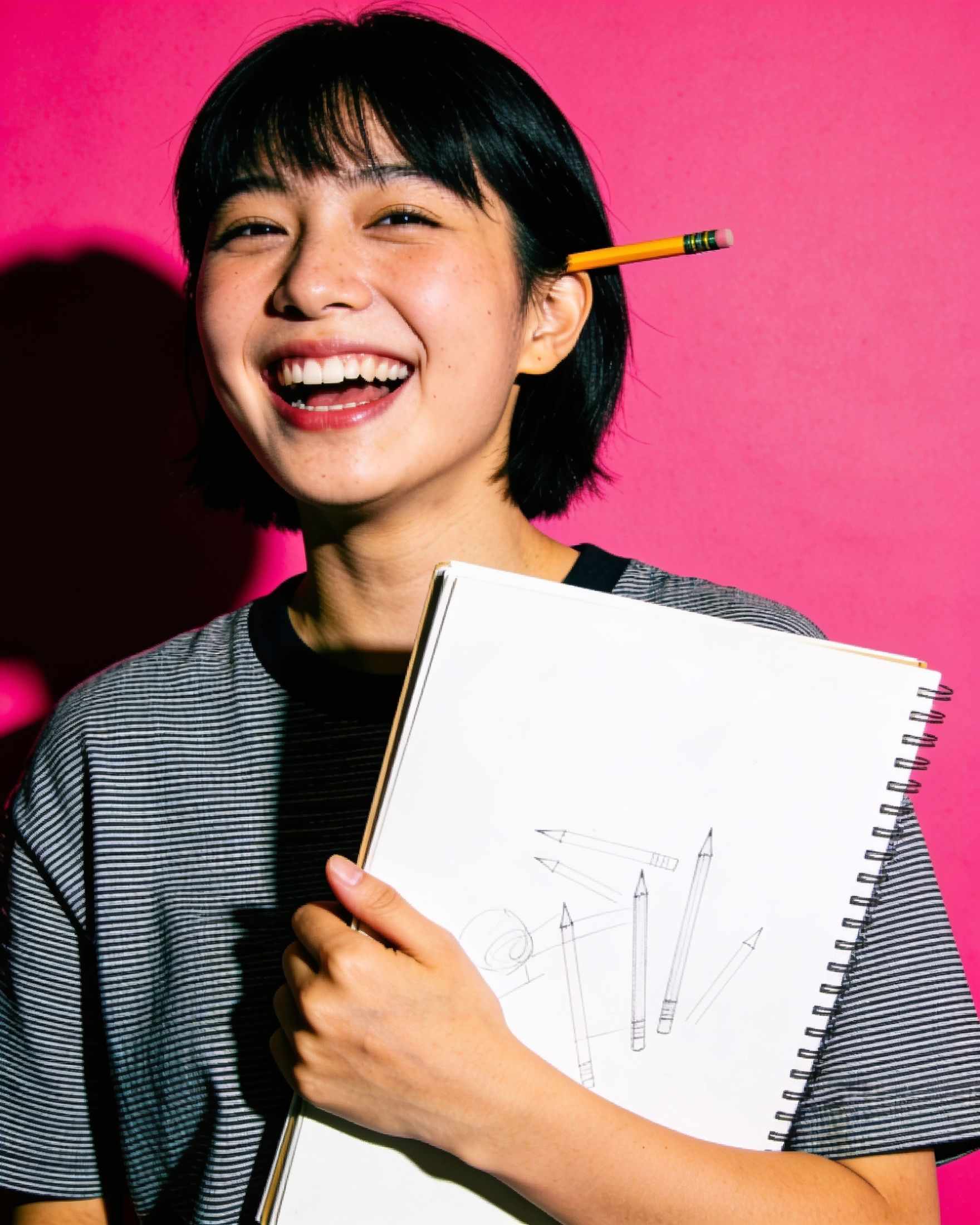 A laughing illustrator with a pencil behind her ear on a pink backdrop