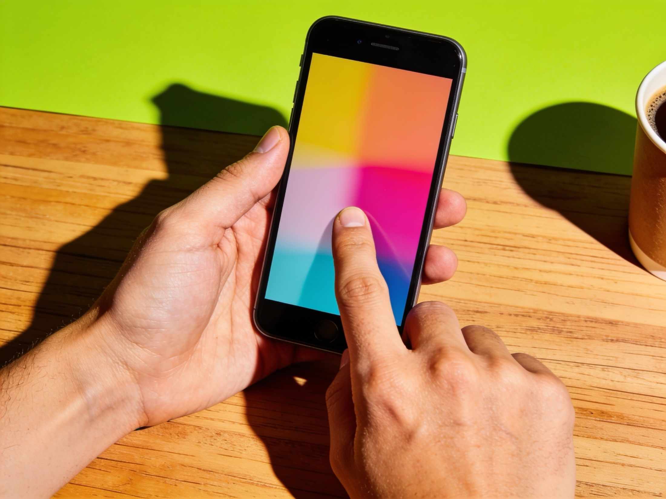 Two hands holding a phone over a desk on a lime backdrop, a thumb on the screen