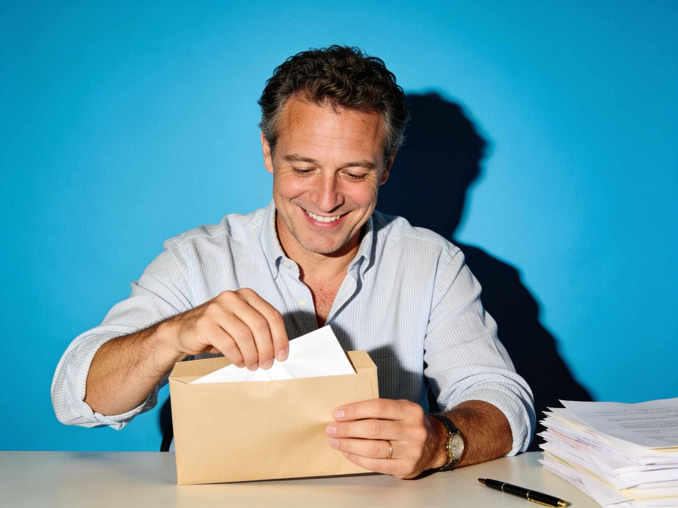A smiling man sealing an envelope at a desk on a sky blue backdrop