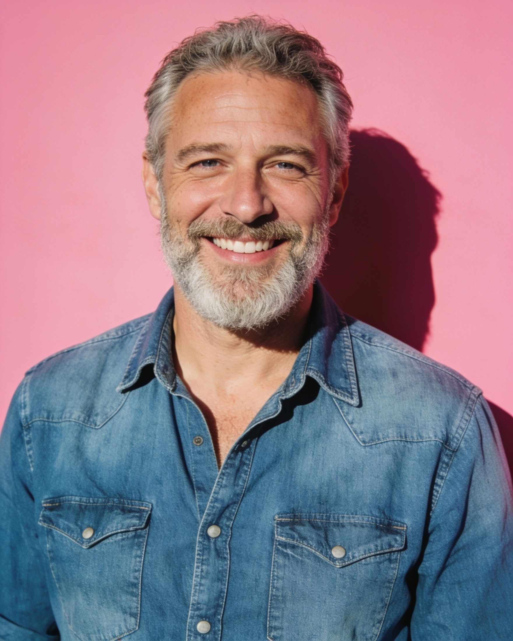 Felix, a man with a grey beard and a denim shirt, on a pink backdrop